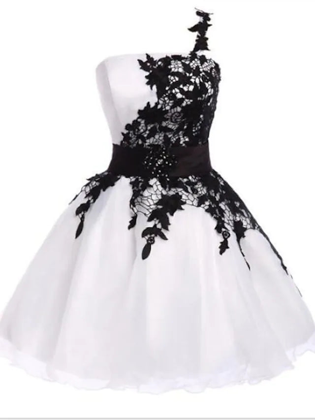 A-Linie Farbblock Weiß Party Wear Cocktail Party Kleid Eine Schulter Ärmellos Kurz / Mini Chiffon mit Applikationen